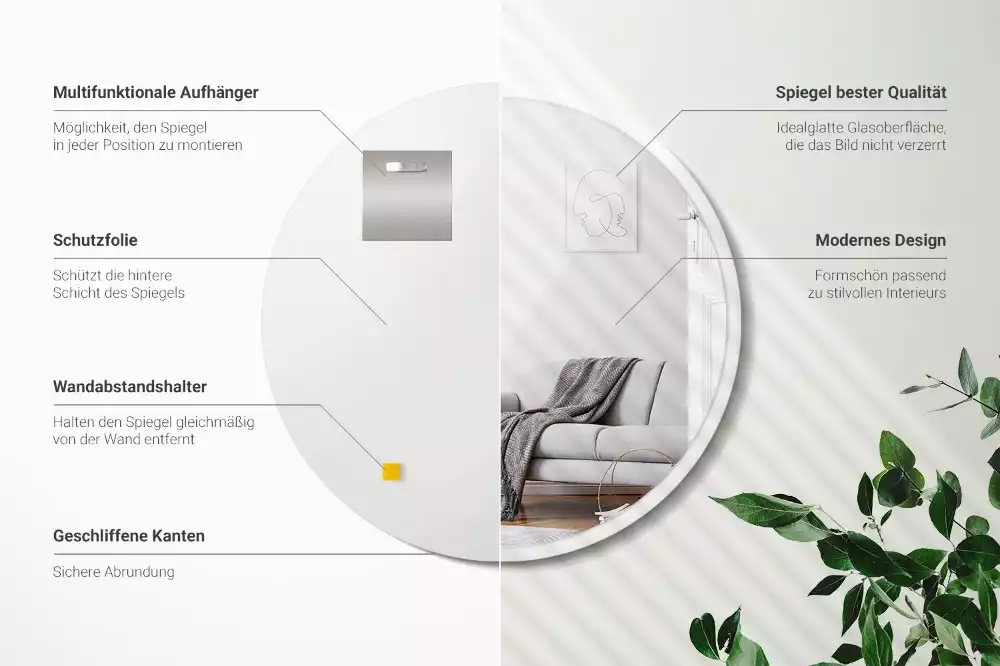 Rund spiegel hängt in einem weißen rahmen