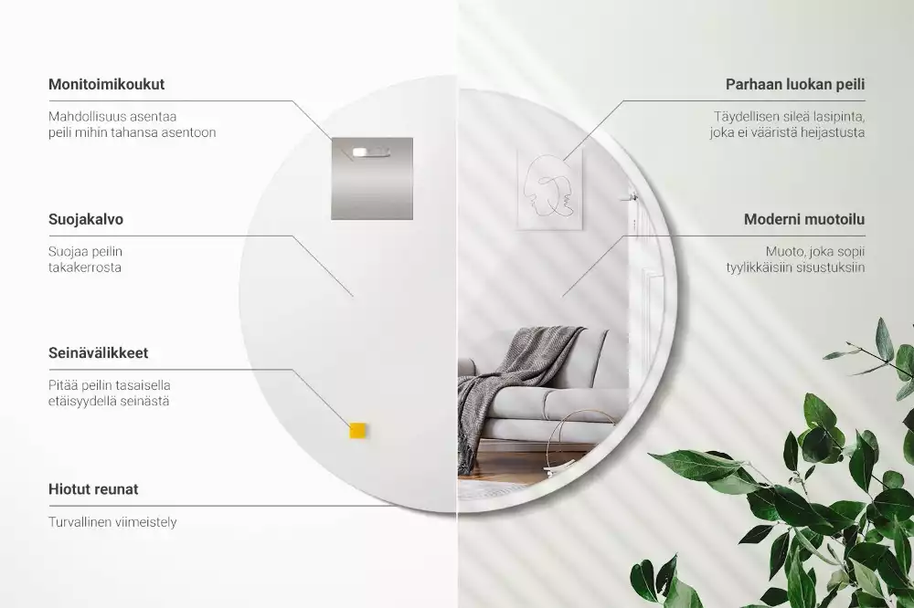 Rund spiegel hängt in einem weißen rahmen