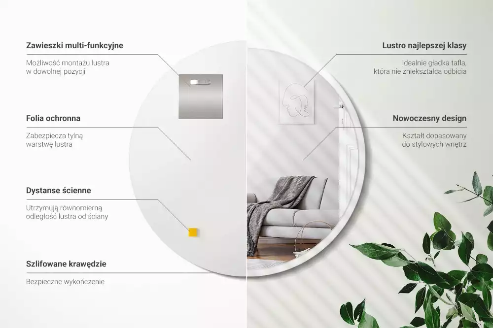 Rund spiegel hängt in einem weißen rahmen