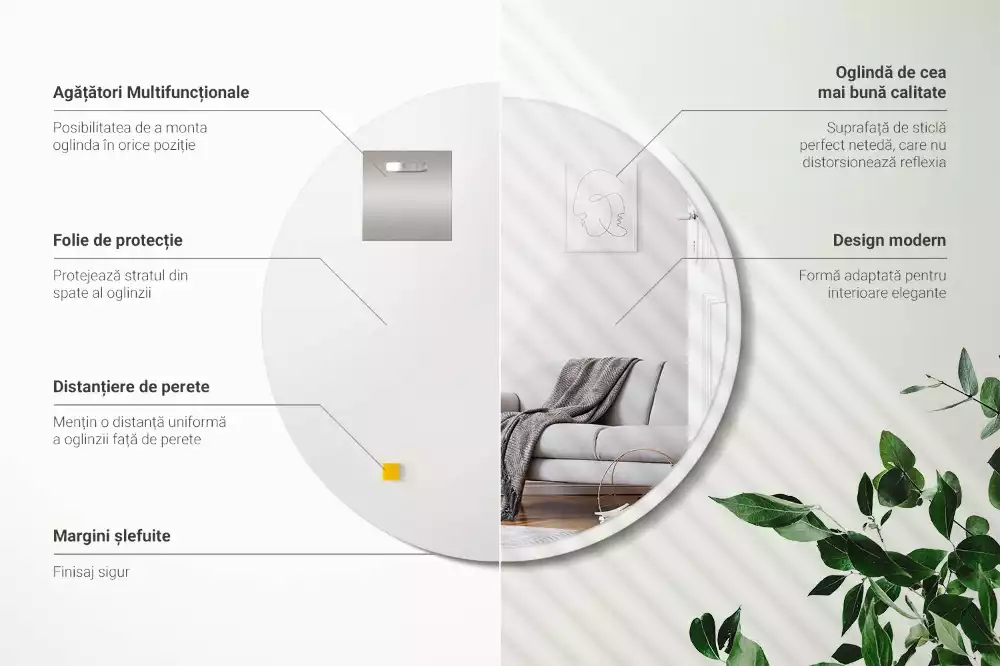 Rund spiegel hängt in einem weißen rahmen