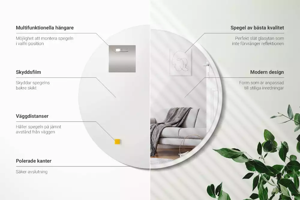 Rund spiegel hängt in einem weißen rahmen