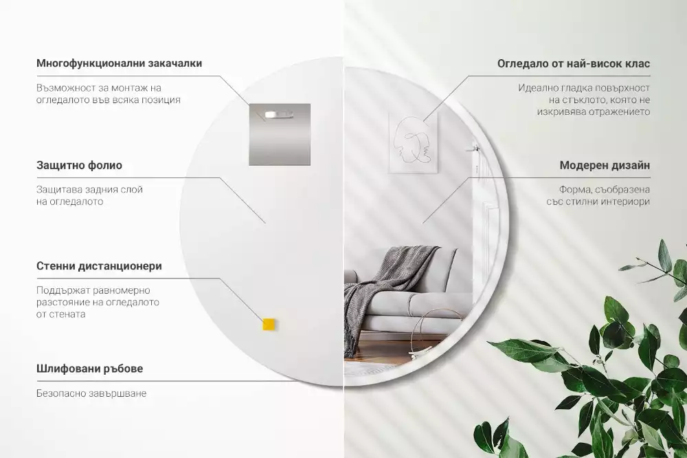 Rund spiegel hängt in einem weißen rahmen