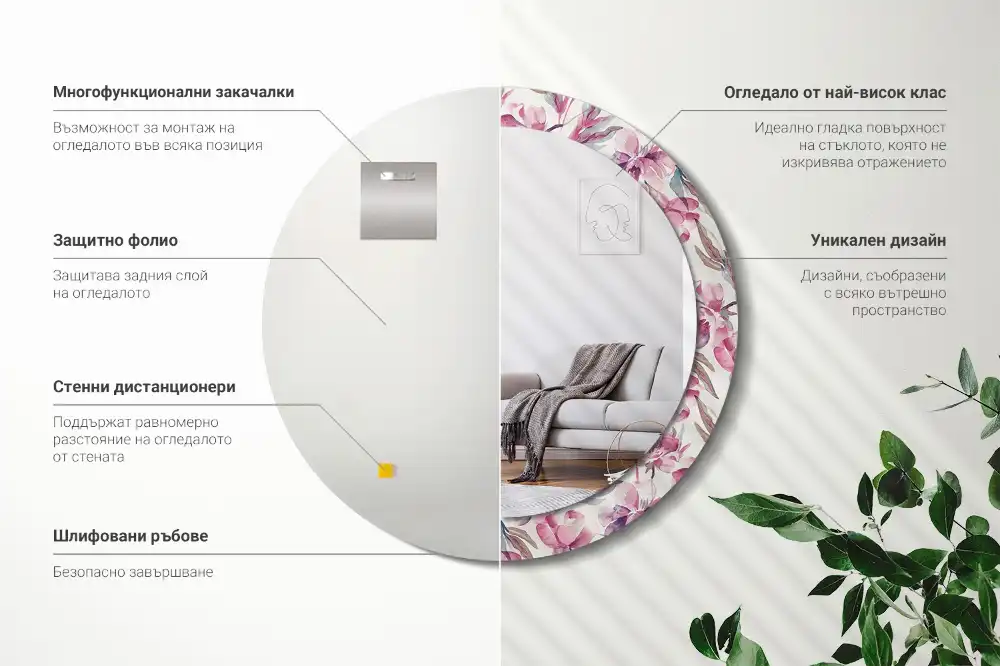 Spiegel mit bedrucktem Rahmen rund Pfingstrosen