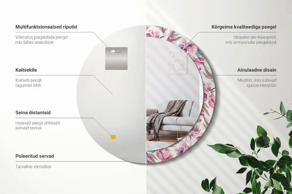 Spiegel mit bedrucktem Rahmen rund Pfingstrosen