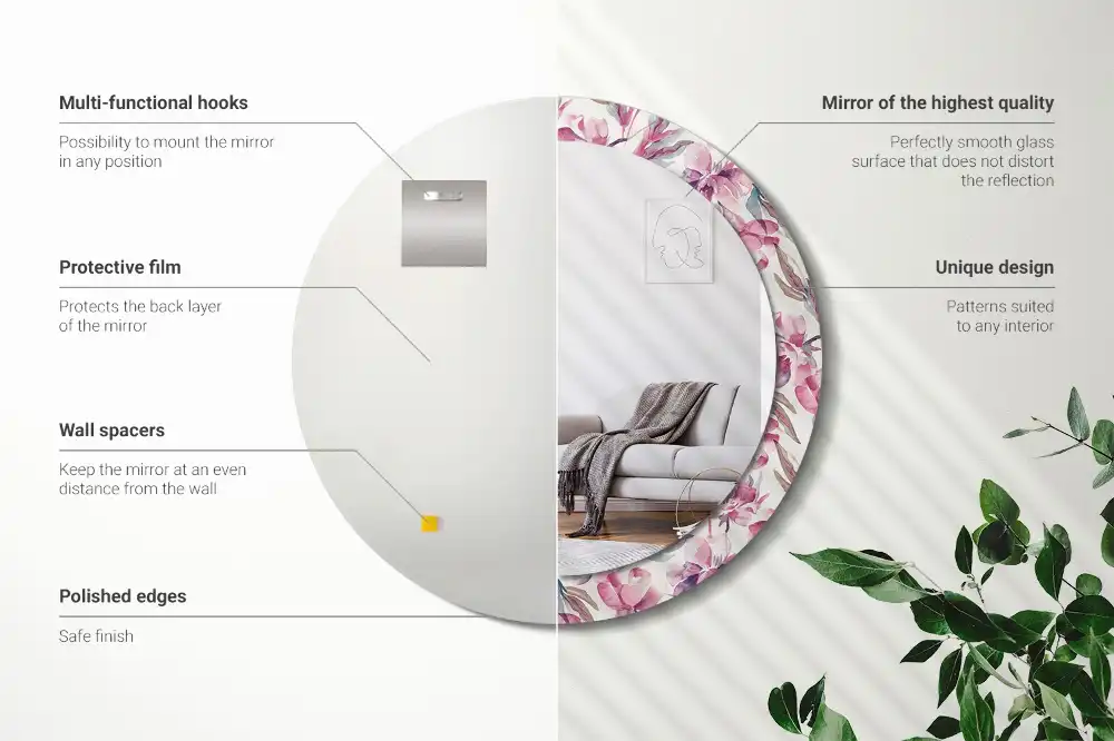 Spiegel mit bedrucktem Rahmen rund Pfingstrosen