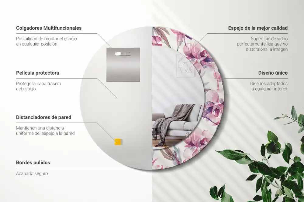 Spiegel mit bedrucktem Rahmen rund Pfingstrosen