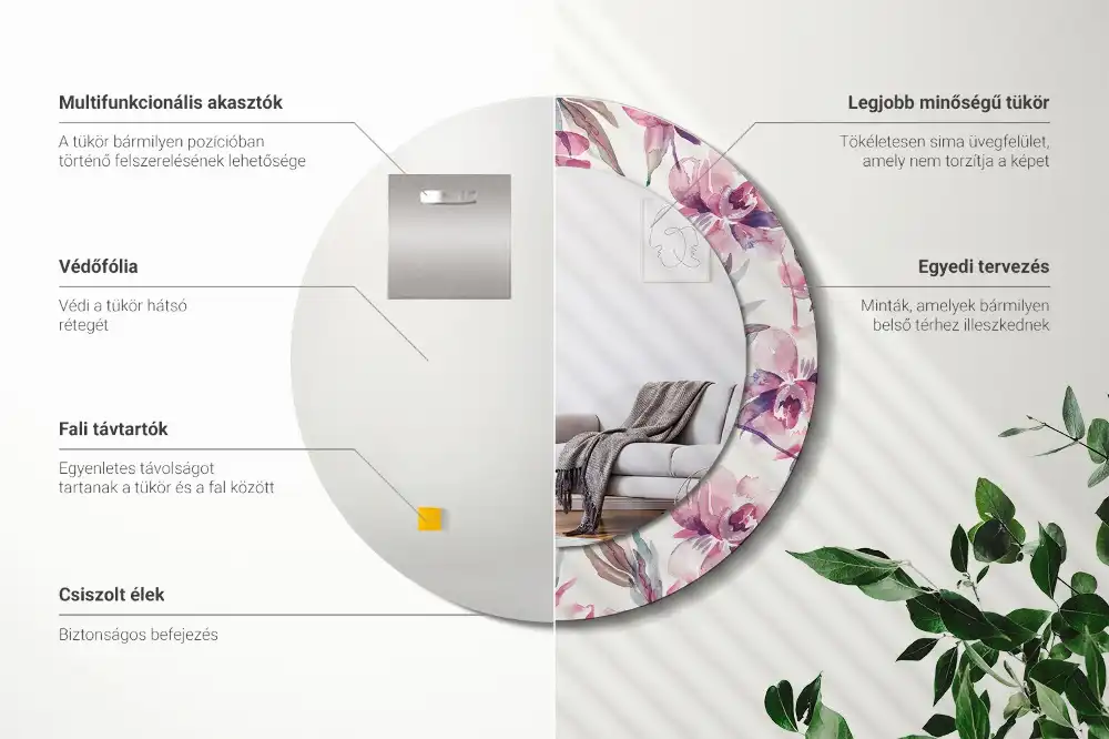 Spiegel mit bedrucktem Rahmen rund Pfingstrosen