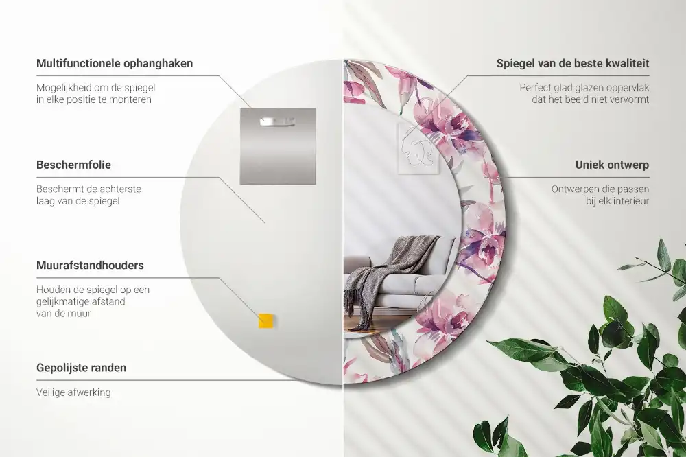 Spiegel mit bedrucktem Rahmen rund Pfingstrosen