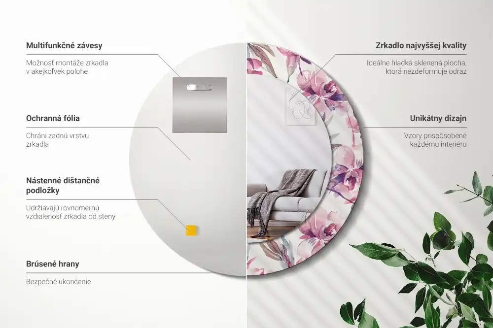 Spiegel mit bedrucktem Rahmen rund Pfingstrosen