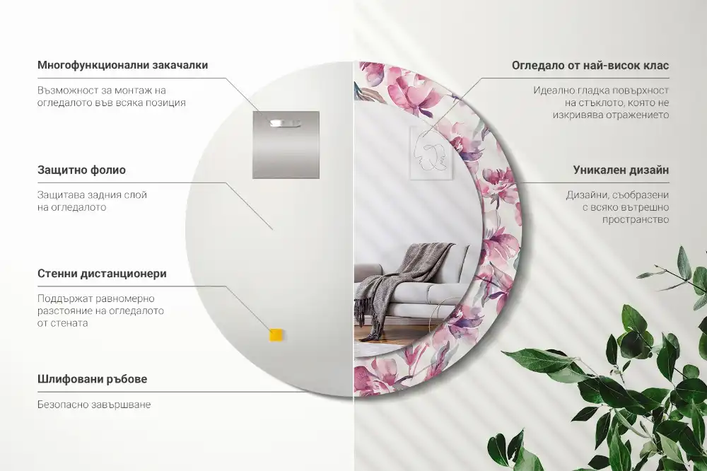 Spiegel mit bedrucktem Rahmen rund Pfingstrosen