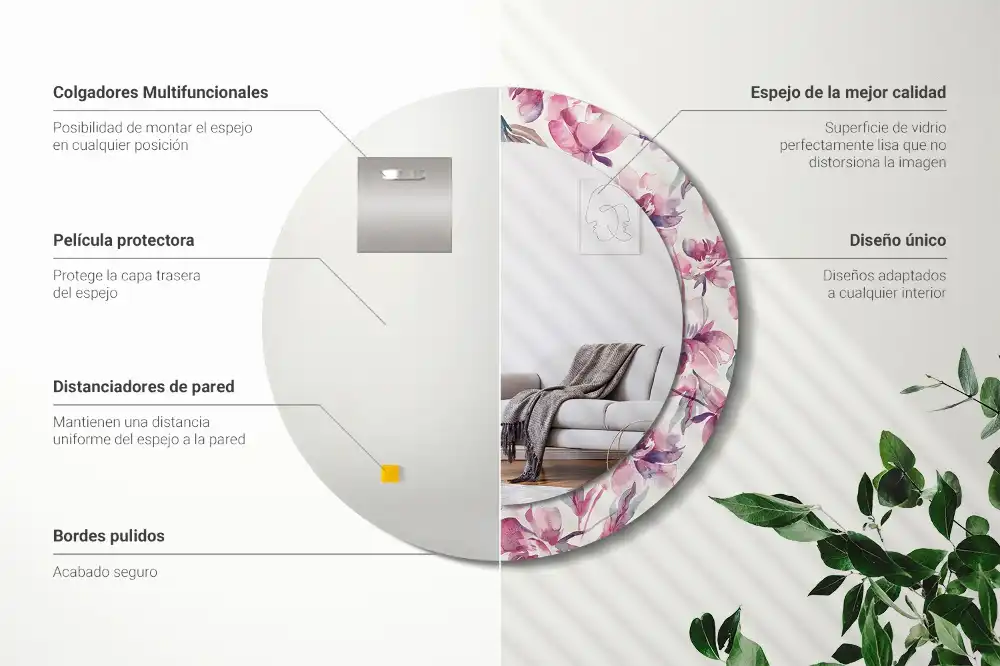 Spiegel mit bedrucktem Rahmen rund Pfingstrosen