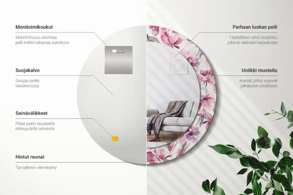 Spiegel mit bedrucktem Rahmen rund Pfingstrosen