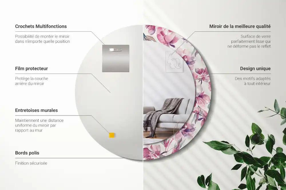 Spiegel mit bedrucktem Rahmen rund Pfingstrosen