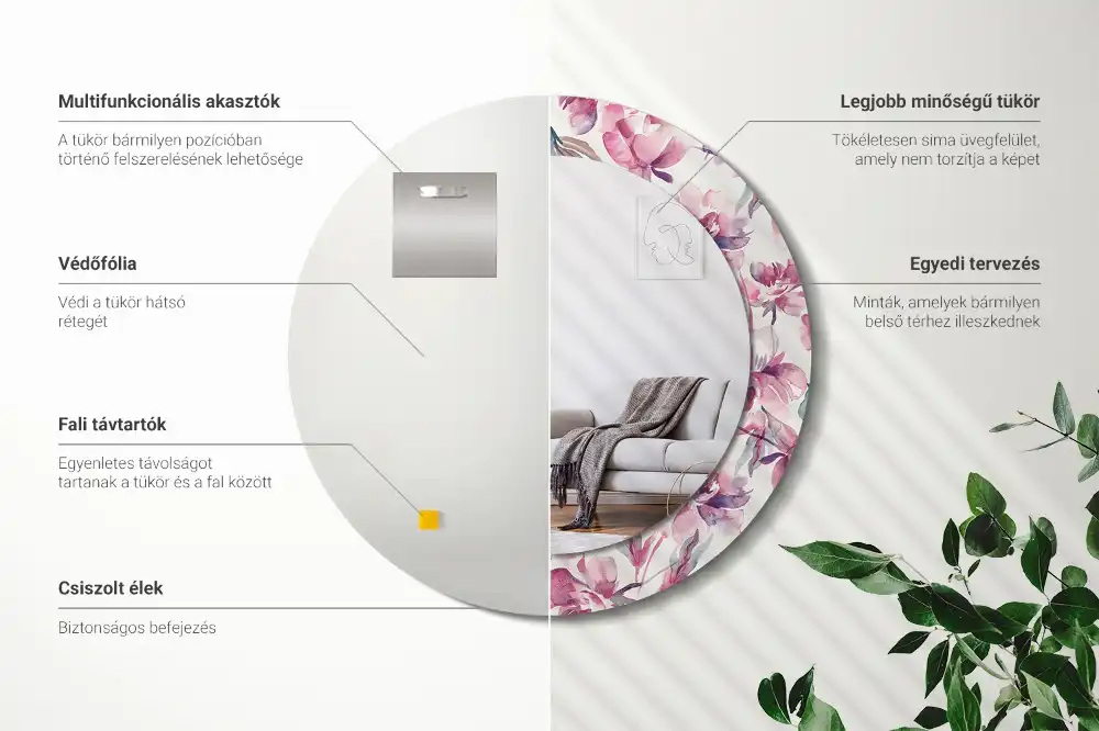 Spiegel mit bedrucktem Rahmen rund Pfingstrosen