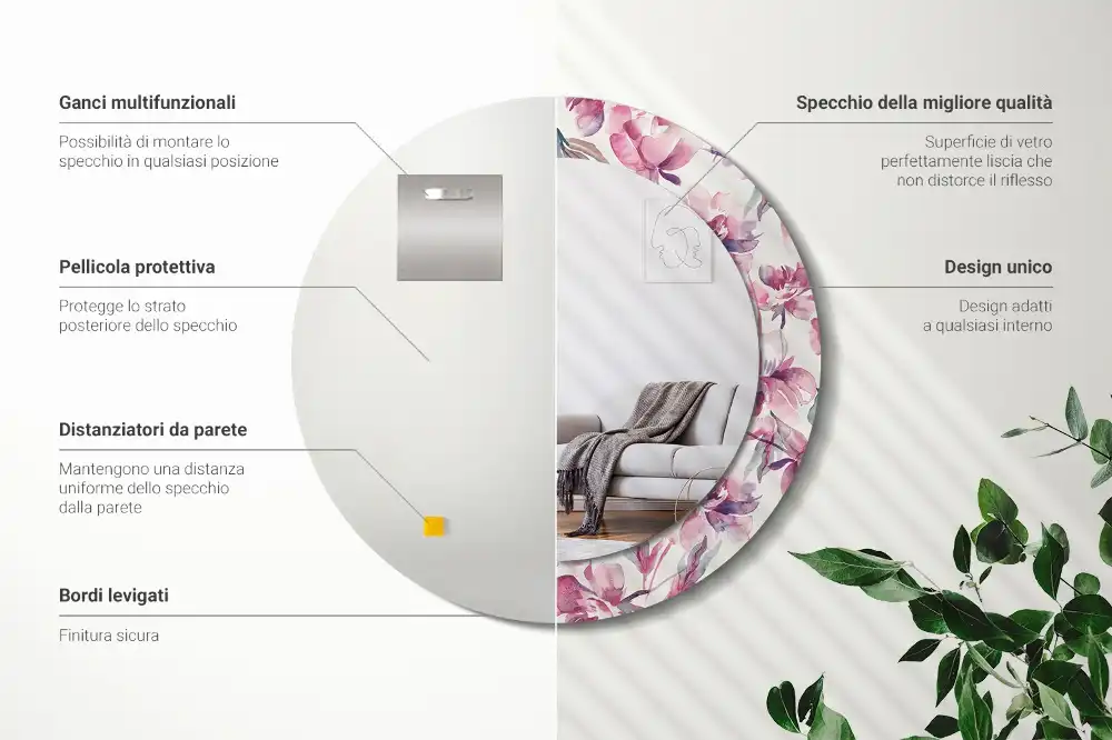 Spiegel mit bedrucktem Rahmen rund Pfingstrosen