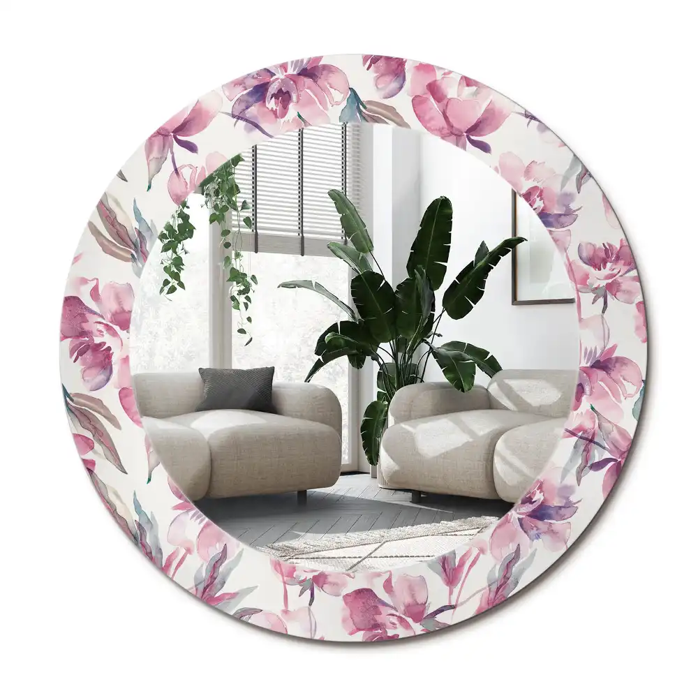 Spiegel mit bedrucktem Rahmen rund Pfingstrosen