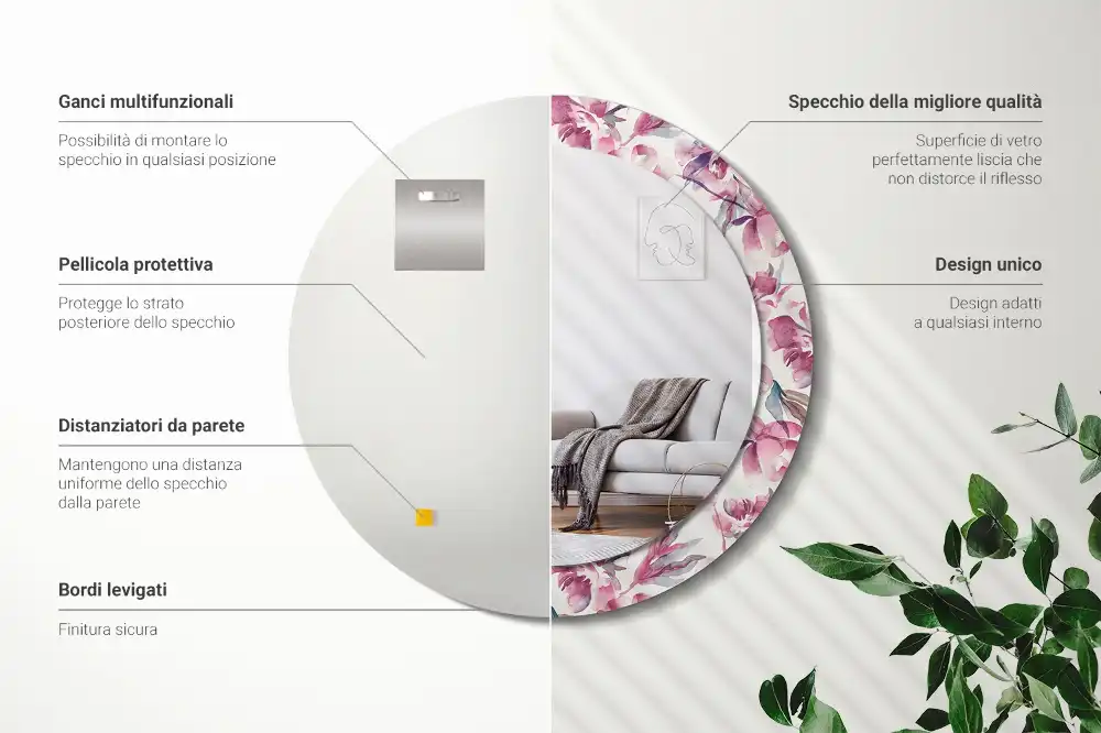 Spiegel mit bedrucktem Rahmen rund Pfingstrosen