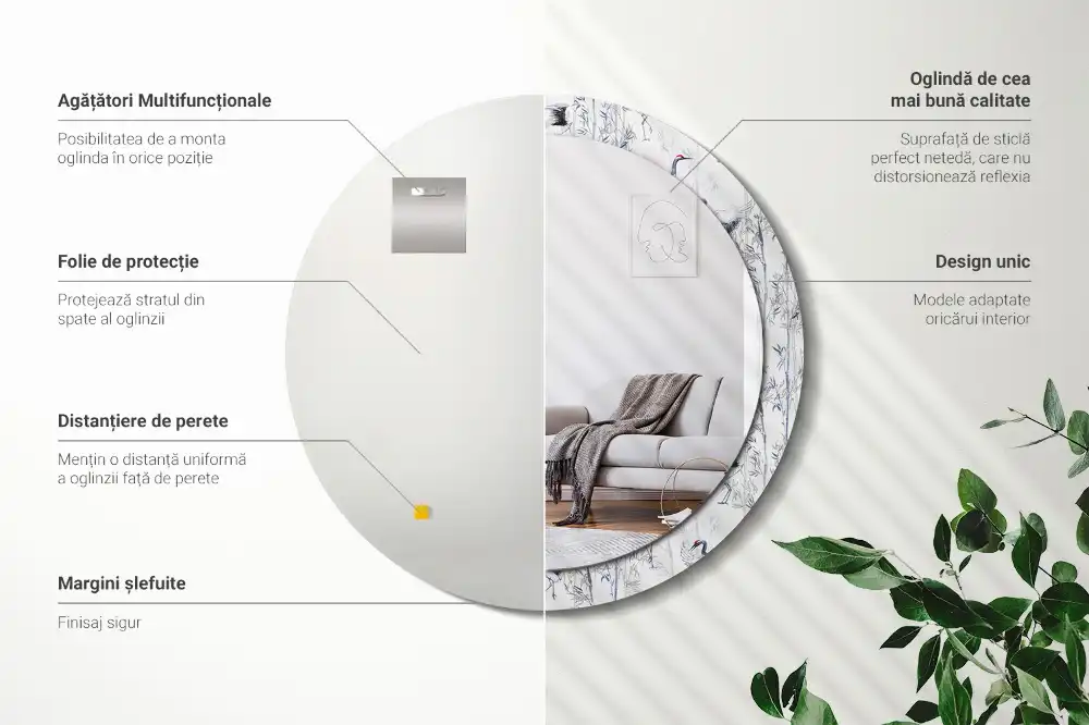 Spiegel mit bedrucktem Rahmen rund Kraniche (Vögel)