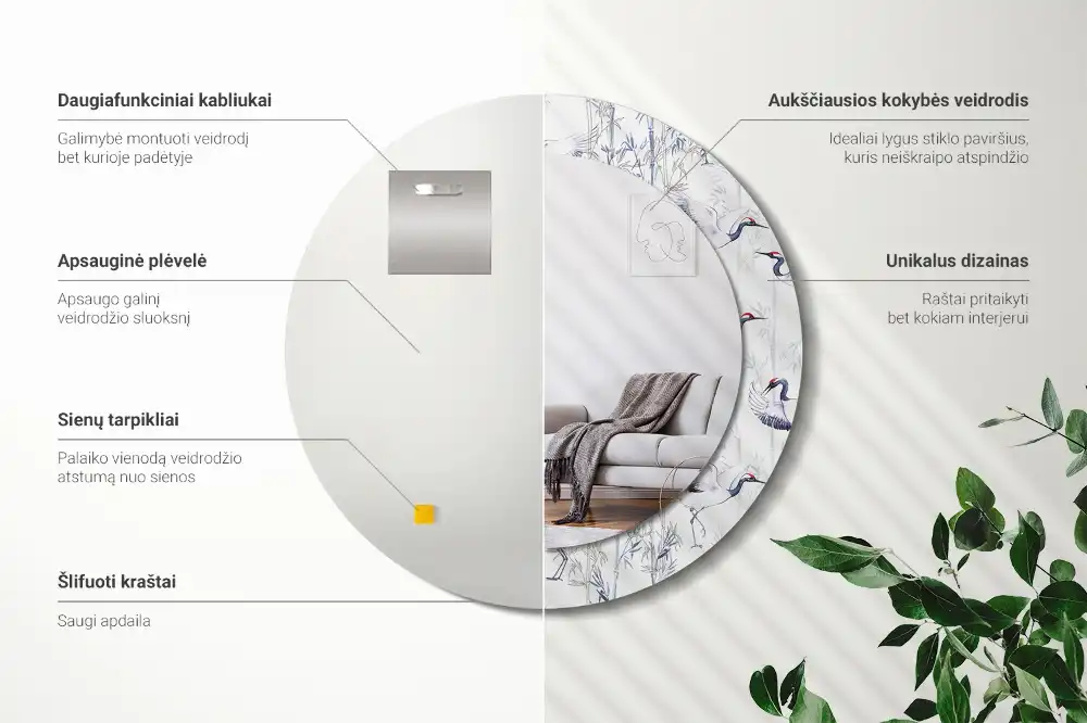 Spiegel mit bedrucktem Rahmen rund Kraniche (Vögel)