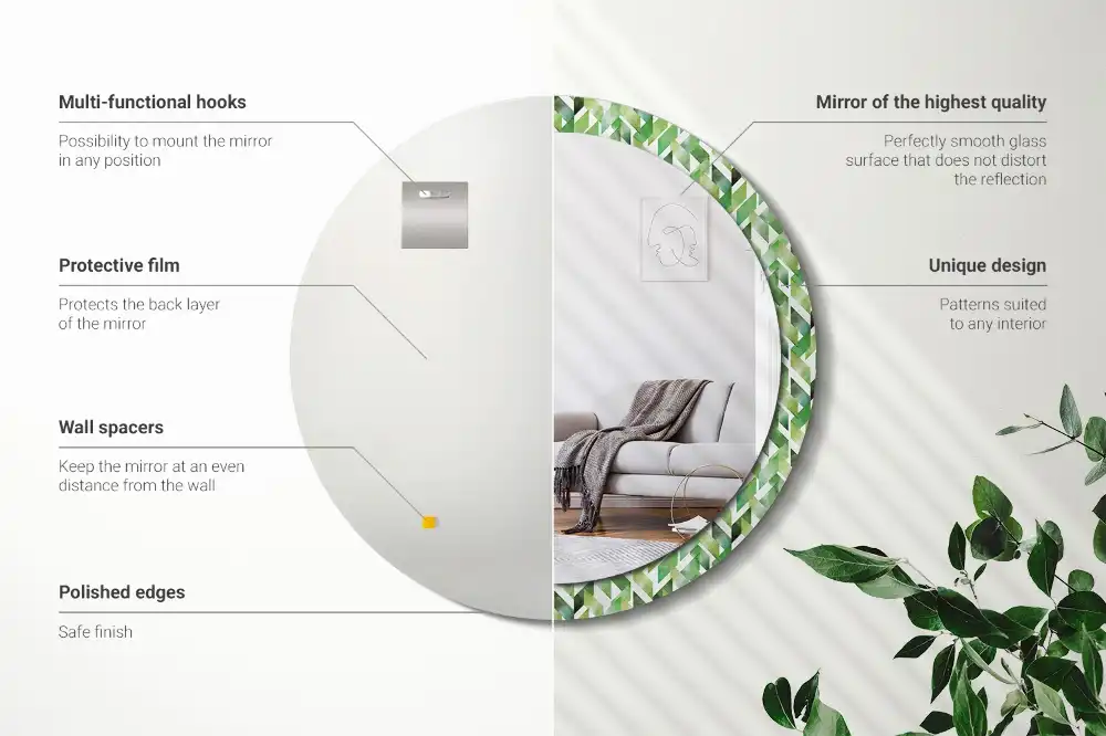 Spiegel mit bedrucktem Rahmen rund Fischgrätenmuster