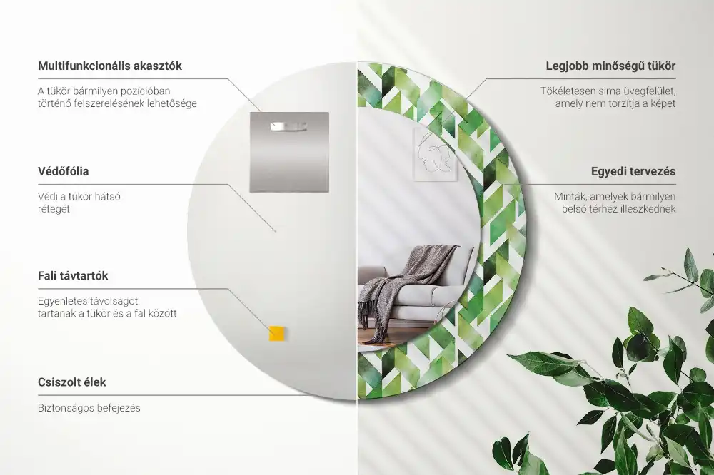 Spiegel mit bedrucktem Rahmen rund Fischgrätenmuster