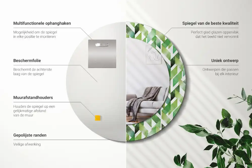 Spiegel mit bedrucktem Rahmen rund Fischgrätenmuster