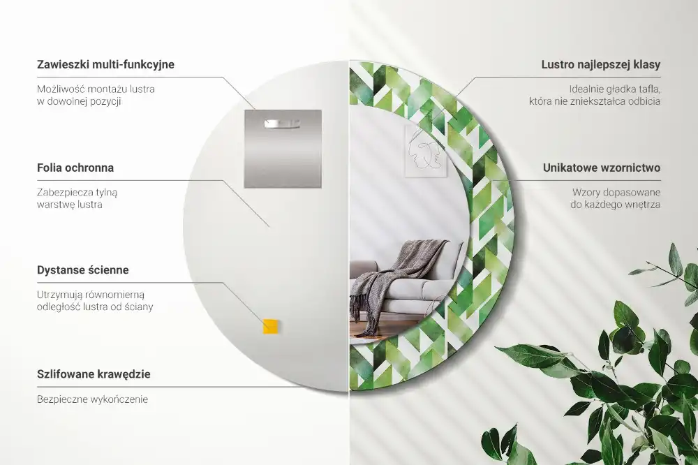 Spiegel mit bedrucktem Rahmen rund Fischgrätenmuster