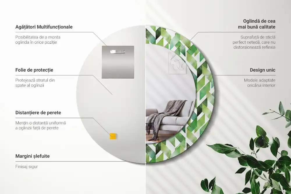 Spiegel mit bedrucktem Rahmen rund Fischgrätenmuster