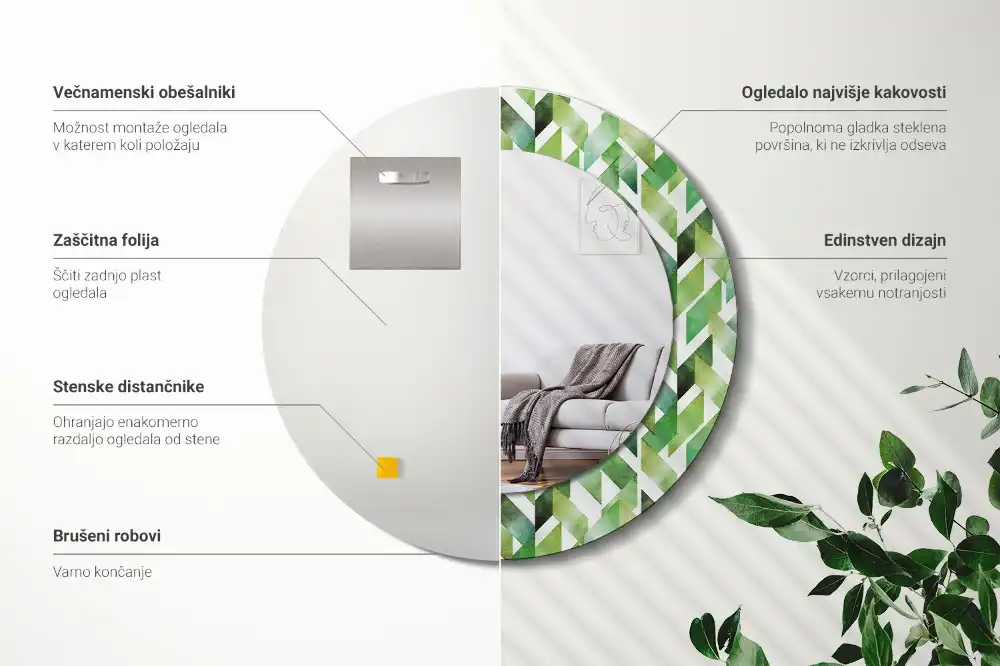 Spiegel mit bedrucktem Rahmen rund Fischgrätenmuster