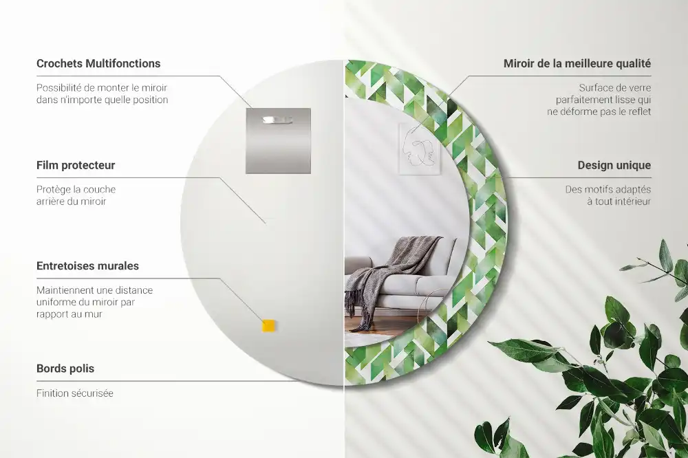 Spiegel mit bedrucktem Rahmen rund Fischgrätenmuster