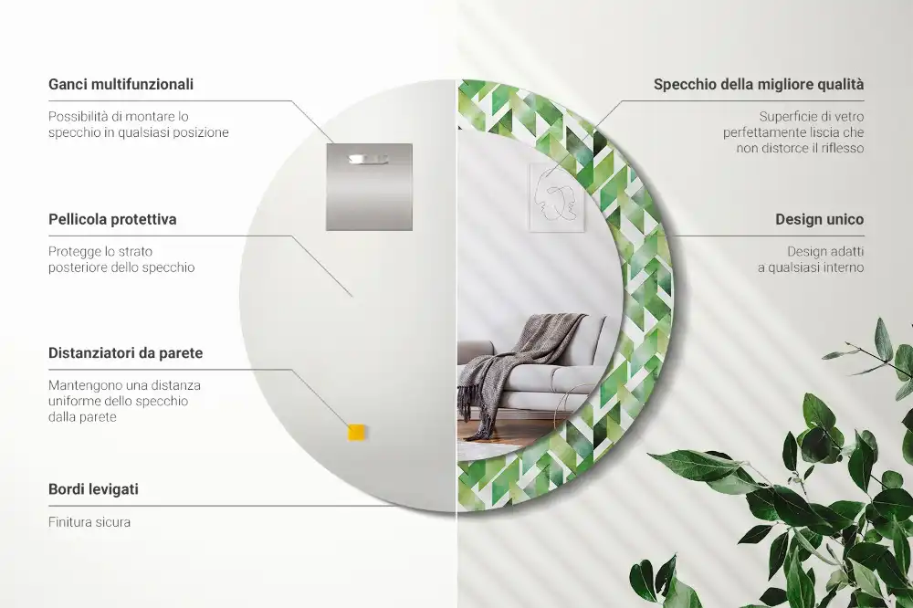 Spiegel mit bedrucktem Rahmen rund Fischgrätenmuster