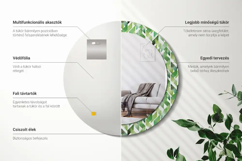 Spiegel mit bedrucktem Rahmen rund Fischgrätenmuster