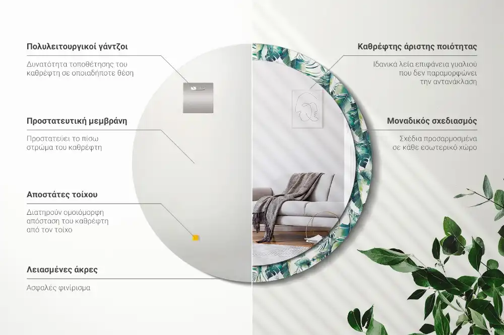 Spiegel mit bedrucktem Rahmen rund Schwarz-weiße Federn