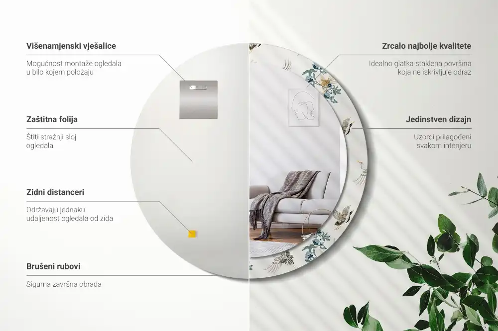 Spiegel mit bedrucktem Rahmen rund Chinesische Vögel