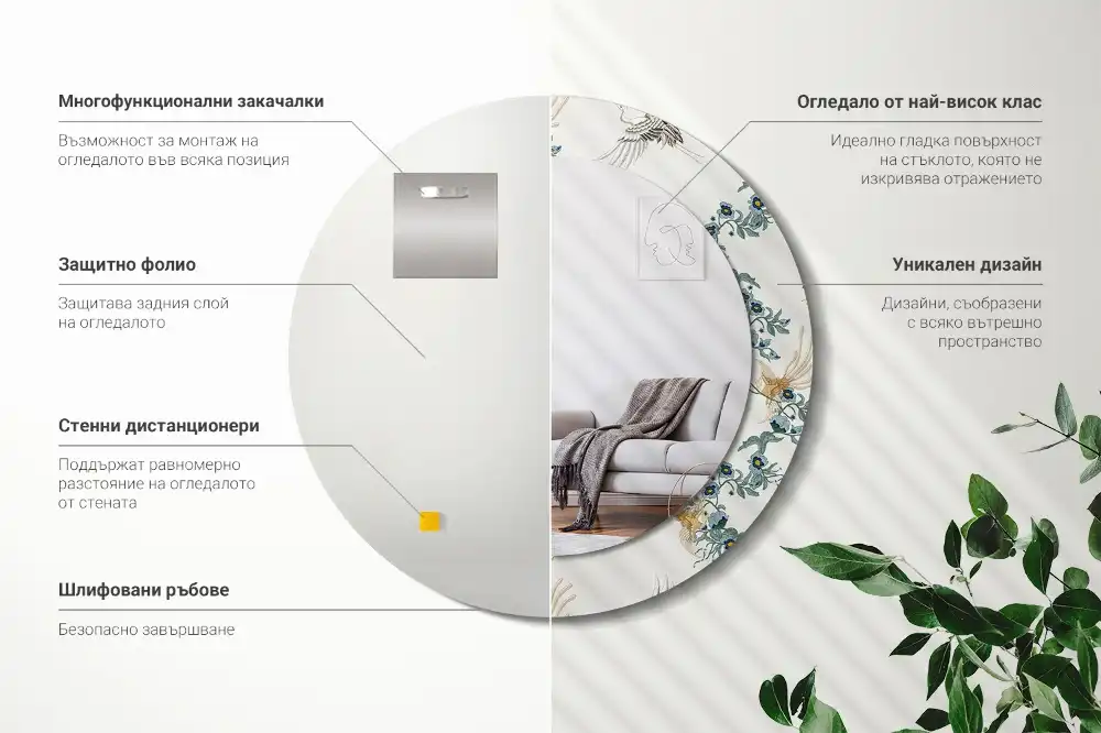 Spiegel mit bedrucktem Rahmen rund Chinesische Vögel