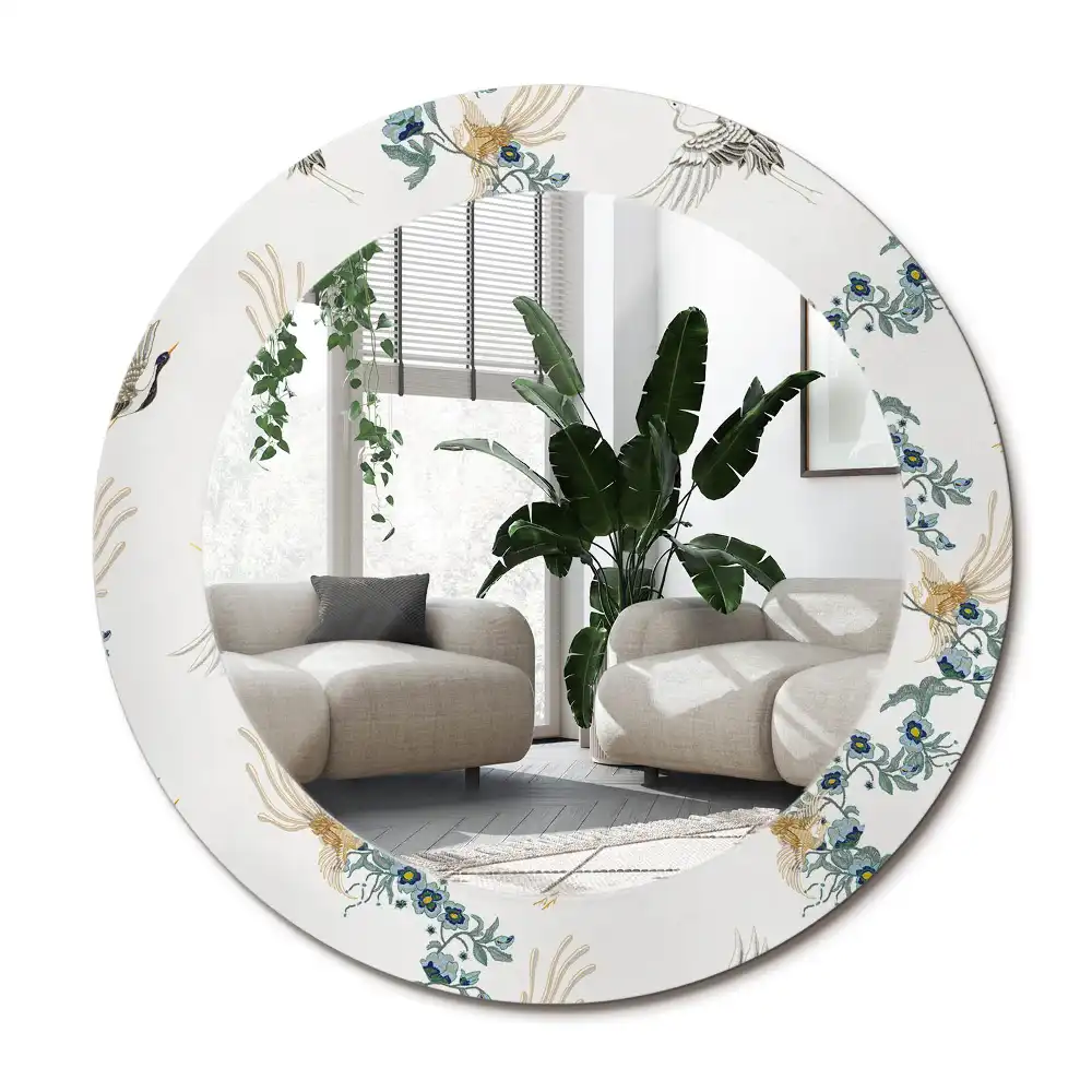 Spiegel mit bedrucktem Rahmen rund Chinesische Vögel