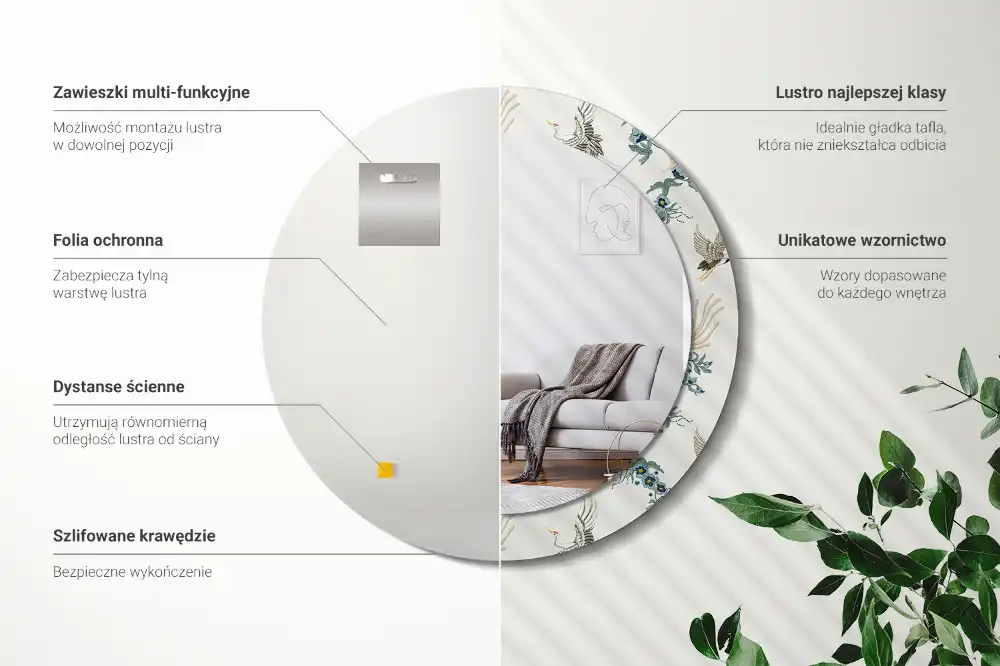 Spiegel mit bedrucktem Rahmen rund Chinesische Vögel