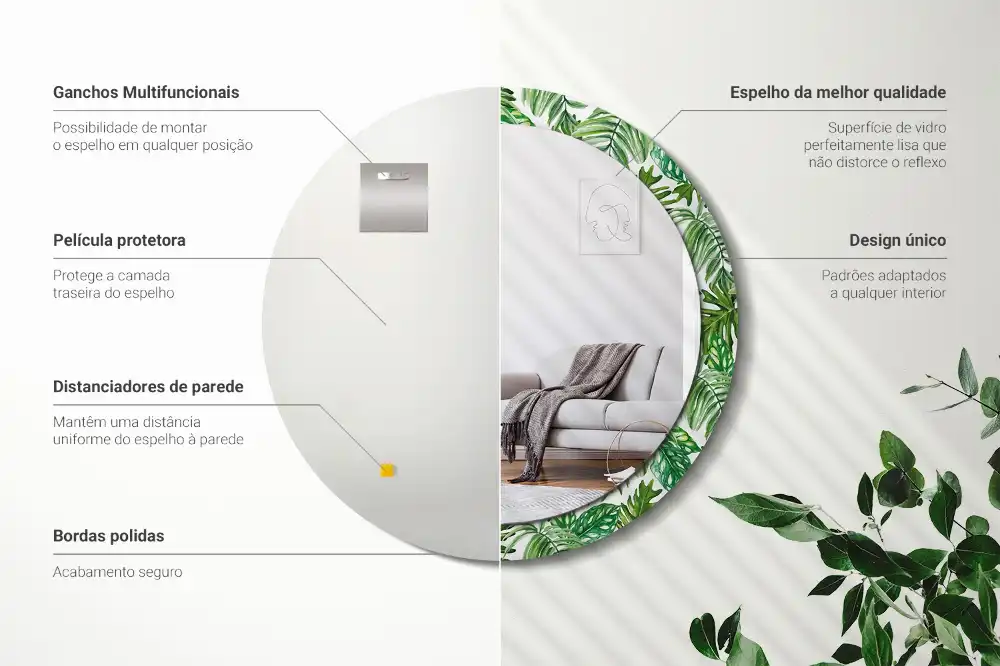 Spiegel mit bedrucktem Rahmen rund Dschungelblätter