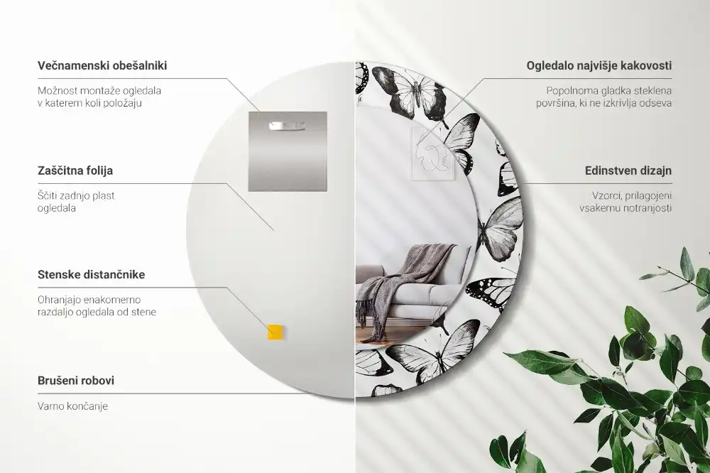 Spiegel mit bedrucktem Rahmen rund Schmetterlinge