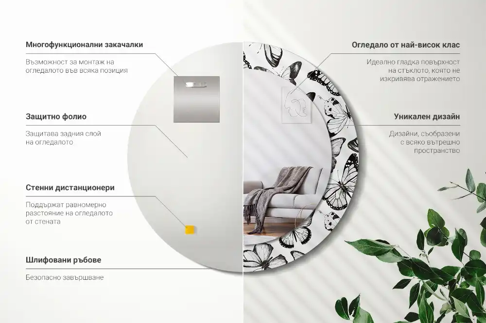 Spiegel mit bedrucktem Rahmen rund Schmetterlinge