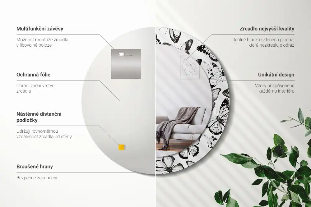 Spiegel mit bedrucktem Rahmen rund Schmetterlinge