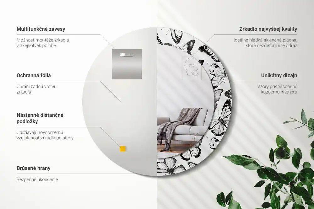 Spiegel mit bedrucktem Rahmen rund Schmetterlinge