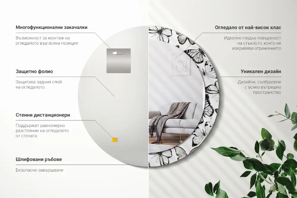 Spiegel mit bedrucktem Rahmen rund Schmetterlinge