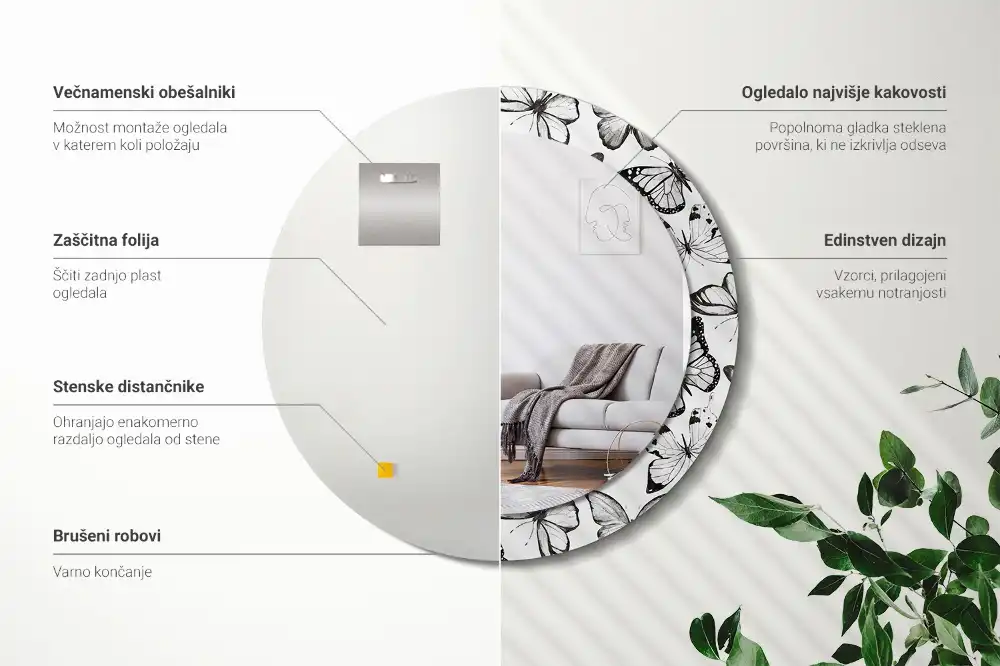 Spiegel mit bedrucktem Rahmen rund Schmetterlinge