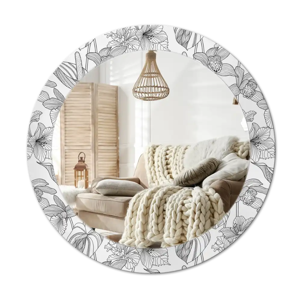 Spiegel mit bedrucktem Rahmen rund Blumenmuster