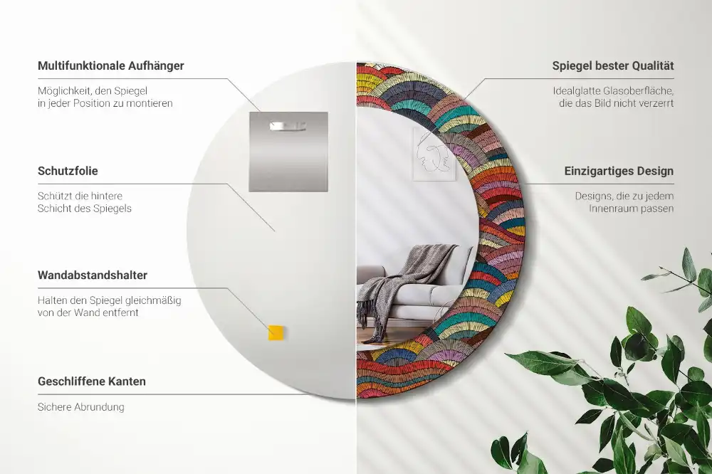 Spiegel mit bedrucktem Rahmen rund Ornament