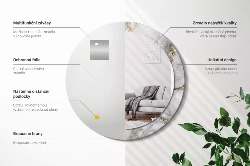 Spiegel mit bedrucktem Rahmen rund Marmor-Muster