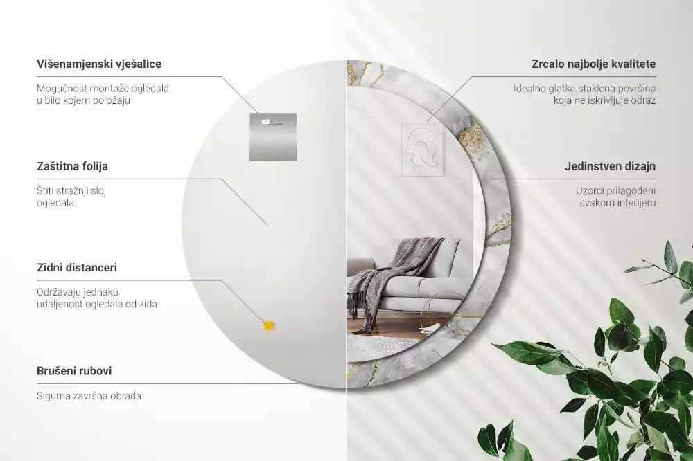 Spiegel mit bedrucktem Rahmen rund Marmor-Muster