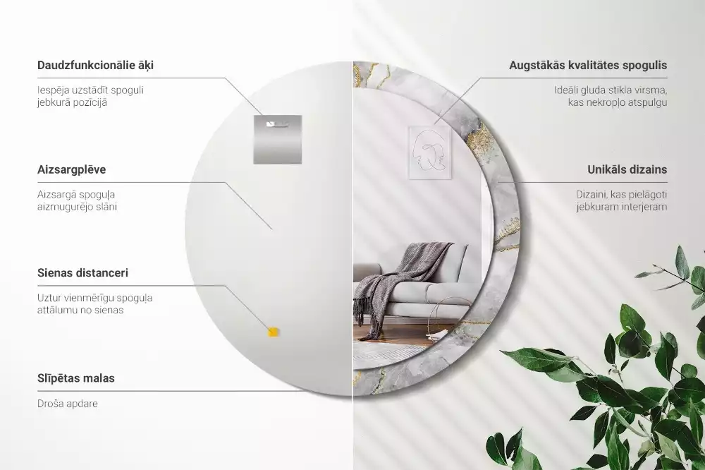 Spiegel mit bedrucktem Rahmen rund Marmor-Muster