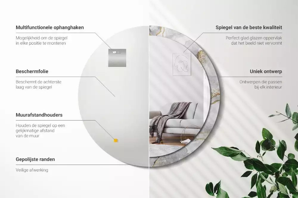 Spiegel mit bedrucktem Rahmen rund Marmor-Muster